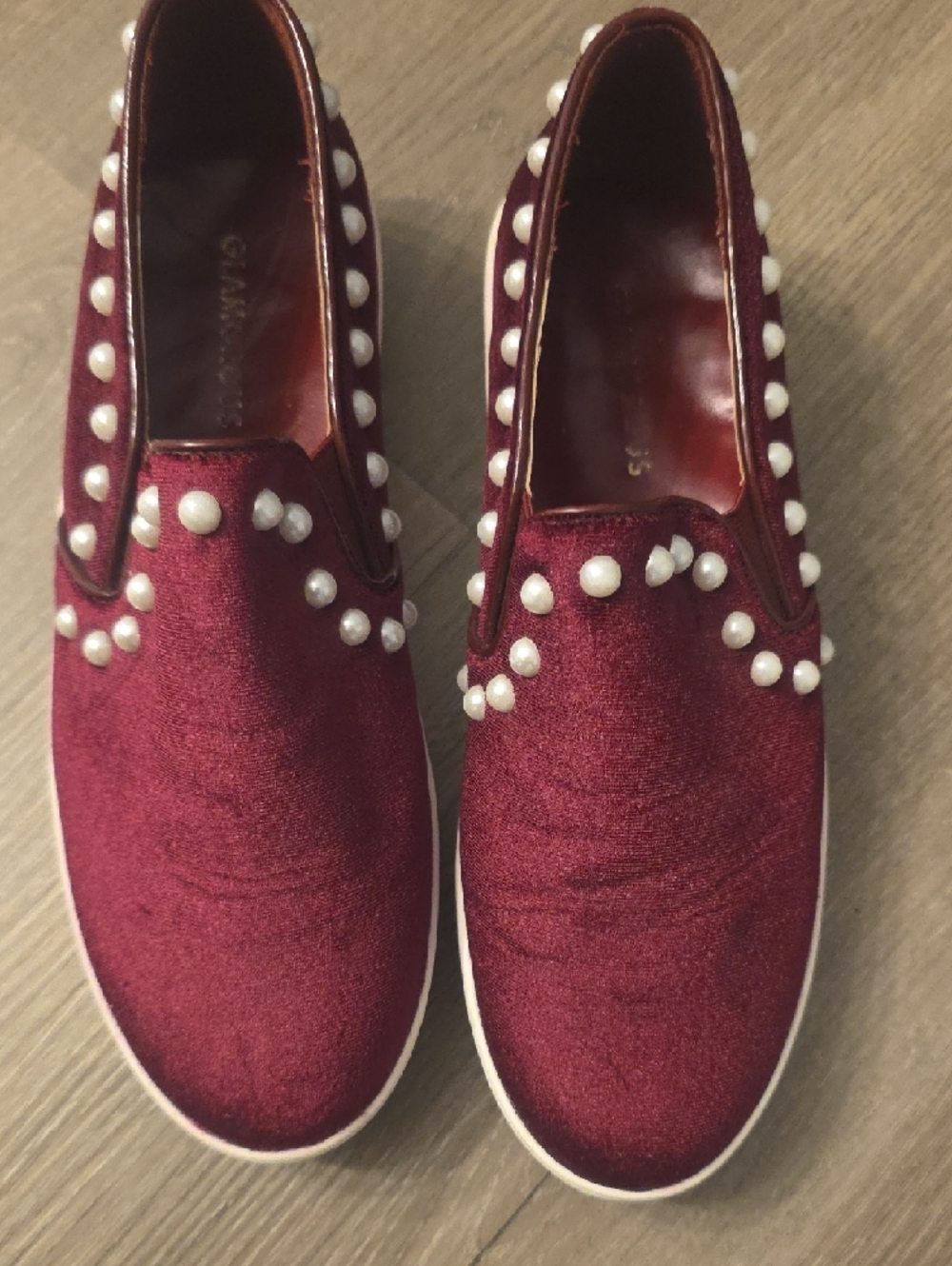 Glamorous Wine Pearl-Stud Slip-On Loafers